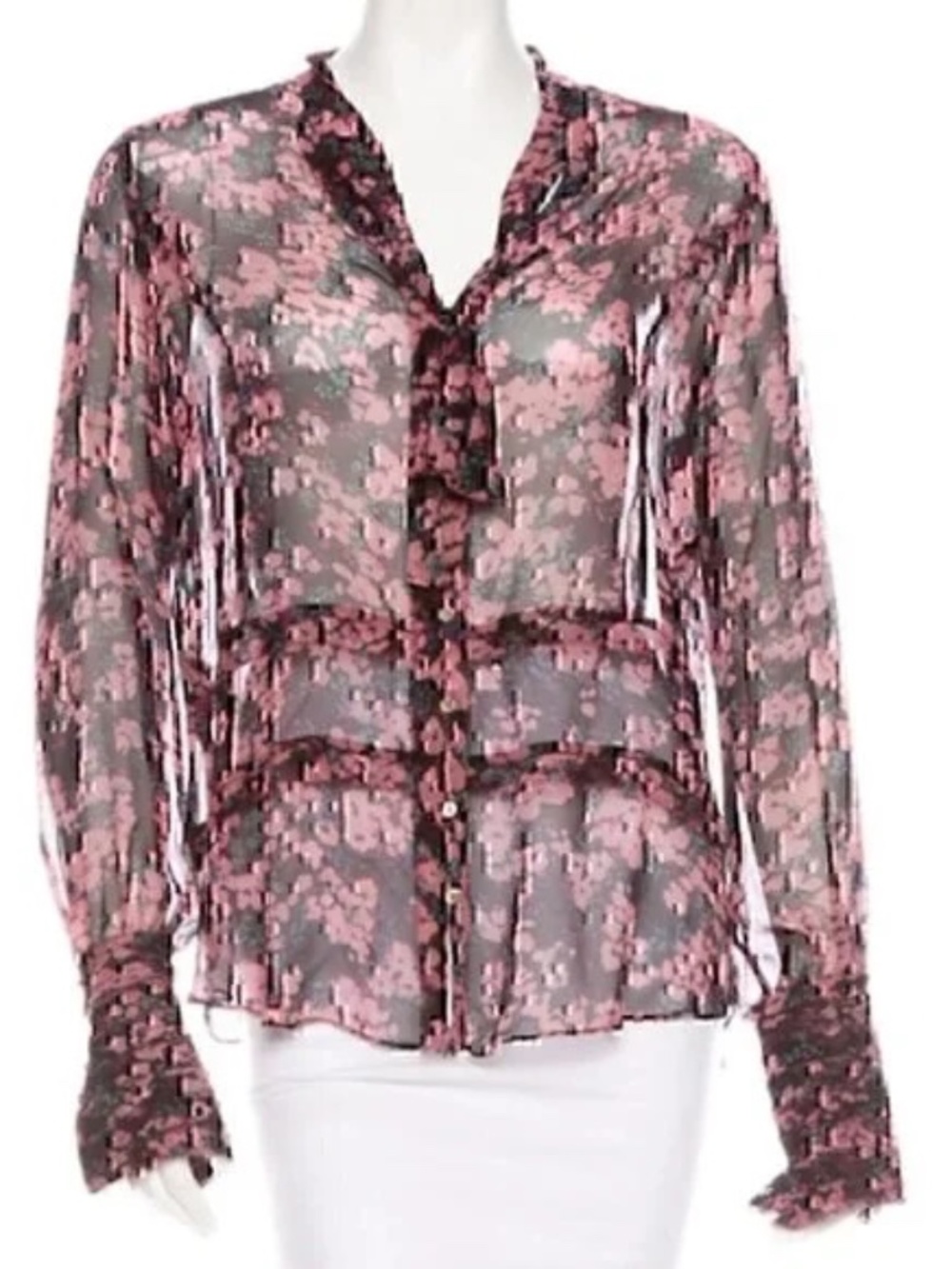 Elizabeth and James Silk Floral Blouse – Sheer Tie Neck – Fits S/M